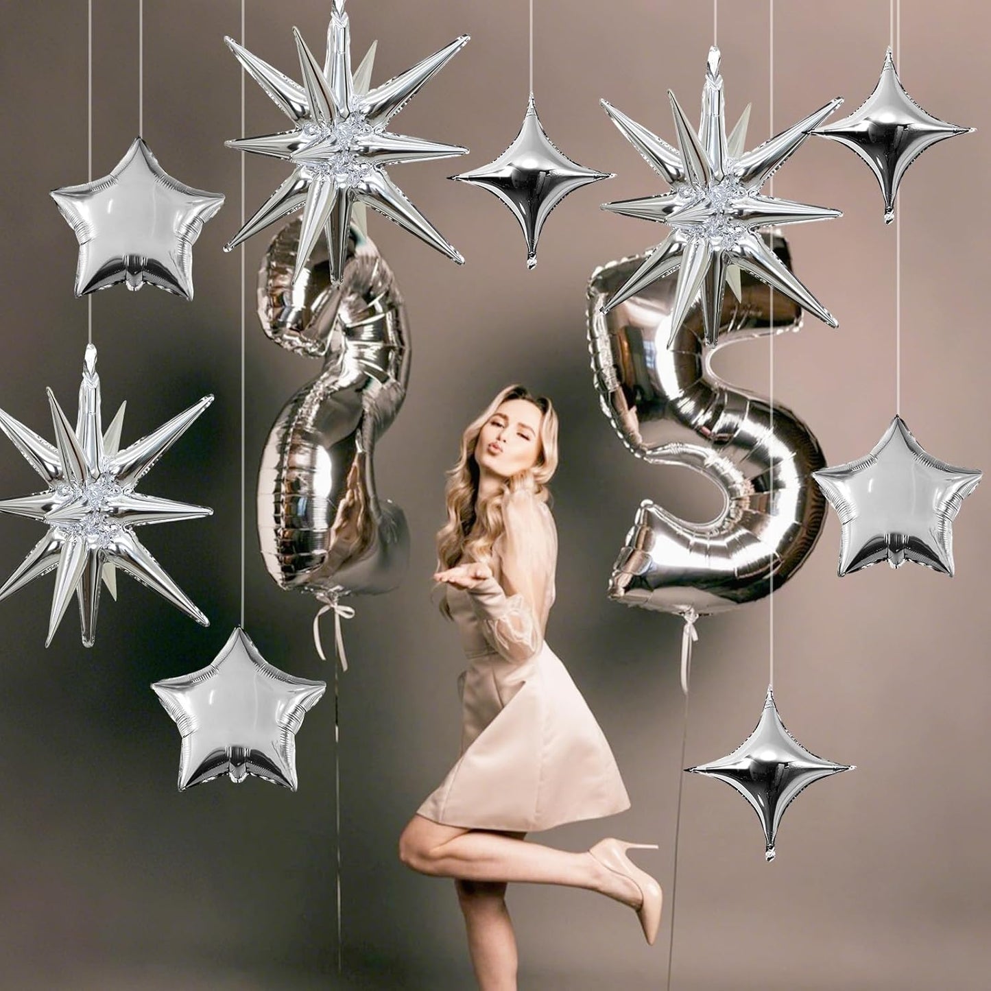Silver Star Balloons, 22in Large Star Balloons Foil 10in 4-Pointed & Silver Pentagram Balloon for Graduation New Year Wedding Baby Shower Birthday Party Decorations
