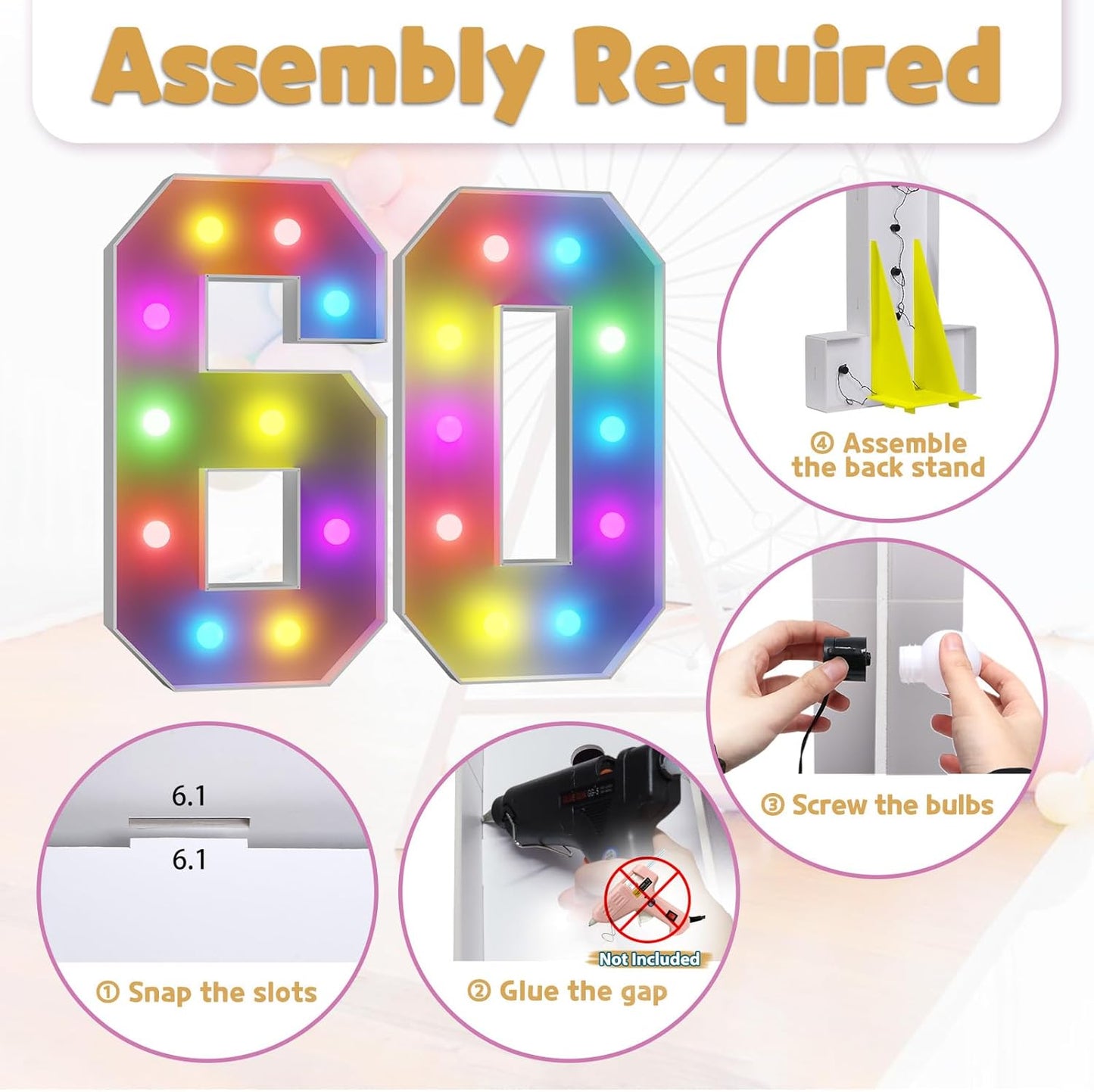 Marquee Numbers Colorful 60th-Birthday Decoration: 4FT Large Light Up 60 Year Old Birthday Decorations Anniversary Backdrop for Men Women Cardboard White Sign 18 Colors Number 60 Mosaic Balloon Frame