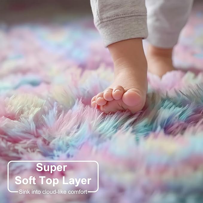 Amdrebio Rainbow Fluffy Round Rug 5Ft Kids Rugs - Image 4