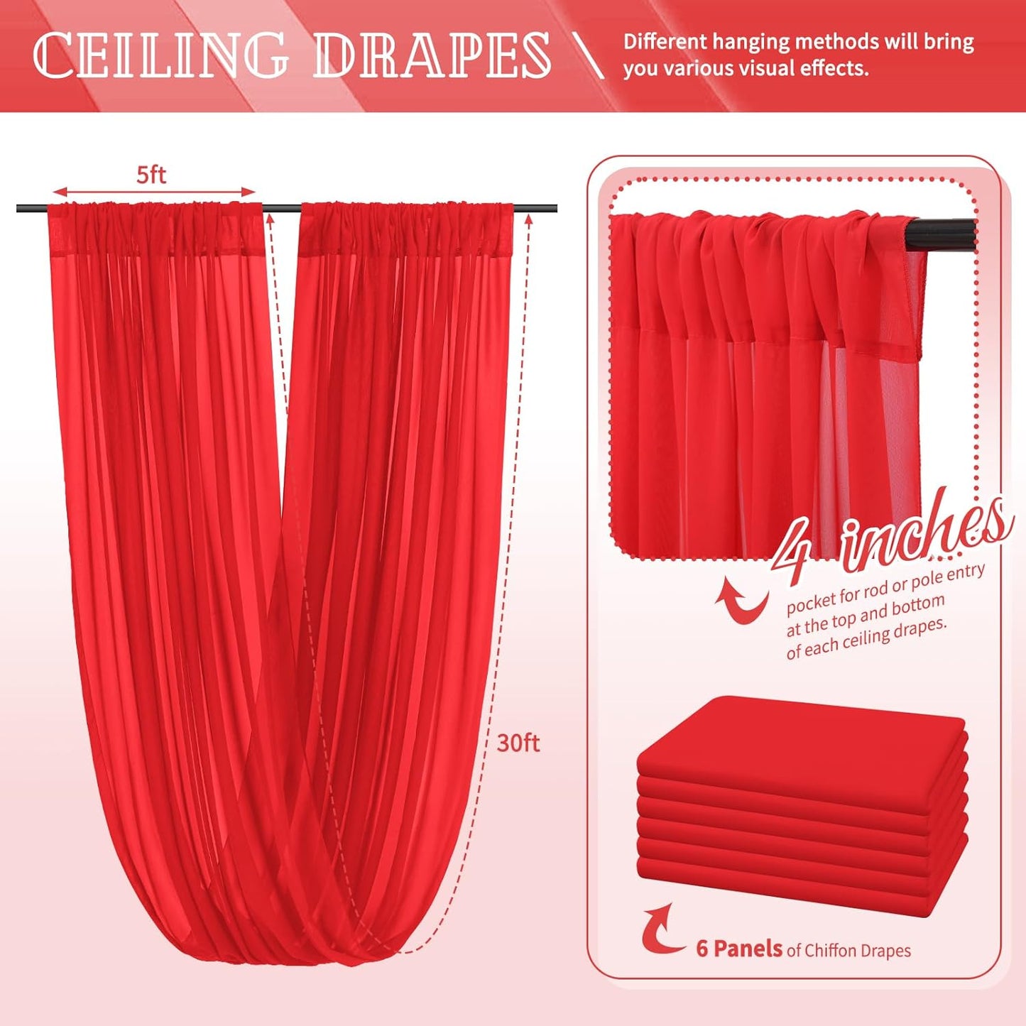 6 Panels Red Ceiling Drapes for Wedding 5ftx30ft Chiffon Fabric Arch Draping Curtains Sheer Drapery for Party Ceremony Birthday Baby Shower Reception Stage Swag Ceiling Decorations