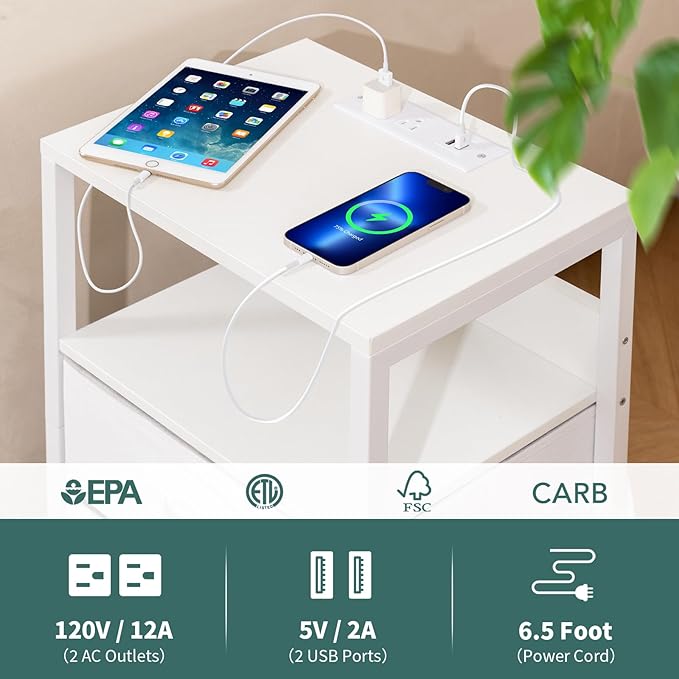 Yoobure Nightstand with Charging Station, Small Night Stand with Fabric Drawers - Image 6