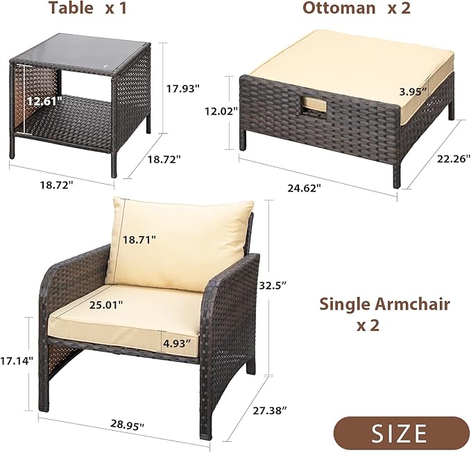 LEVELEVE Balcony Furniture 5 Piece Patio Conversation Set, PE Wicker Rattan - Image 5