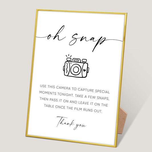 Oh Snap Sign, Wedding Disposable Camera Sign, Engagement Party Desk Decor for Guest book Alternative, Bridal Shower and Wedding Reception, Wedding Party Favors, Gold Frame Wedding Signs with Stand,6