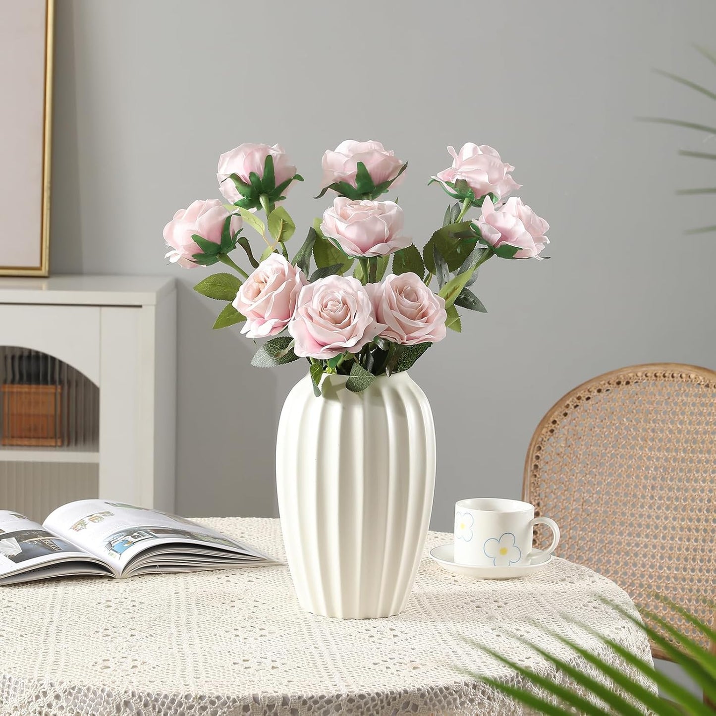 Tifuly Champagne Pink Roses Artificial Flowers - 12 Pcs Long Stem Silk Roses, Realistic Fake Roses with Stems for Bridal Bouquets, Home and Office DIY Decor