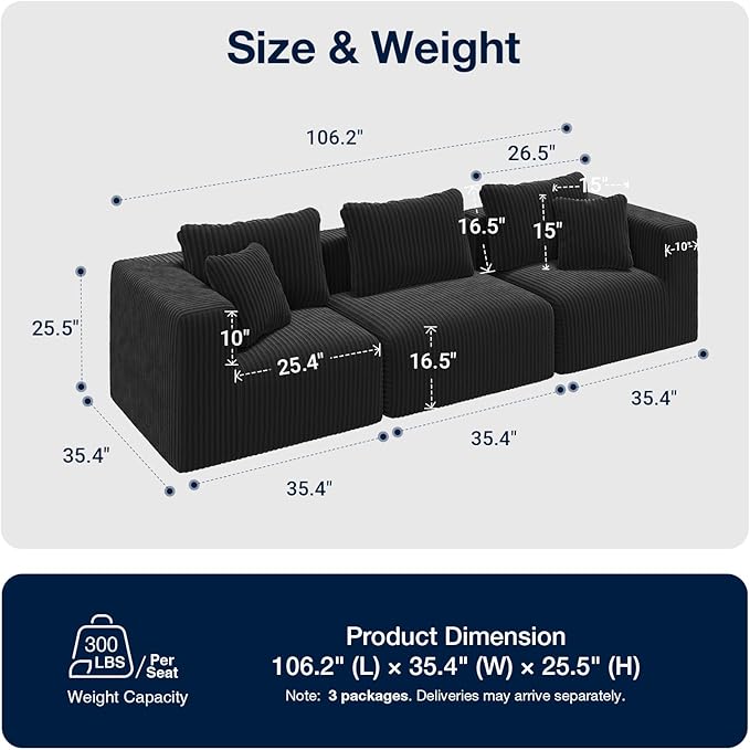 Avenco 106” 3-Seater Modular Sofa Couch, Individually Wrapped Coil Support & - Image 2