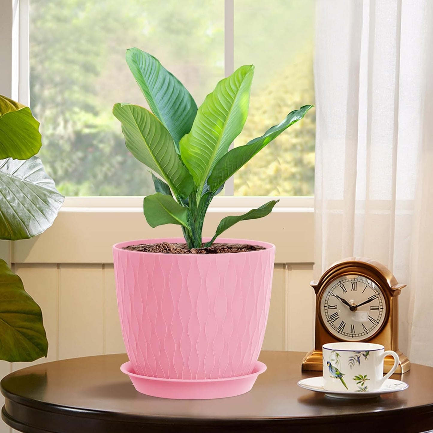 7 inch Plant Pots, 5 Pack Flower Pots with Drainage Holes and Saucers for Indoor Plants, Plastic Planters with Water Ripple for Small Garden House Plants, Nursery Pots for Succulent, Colorful