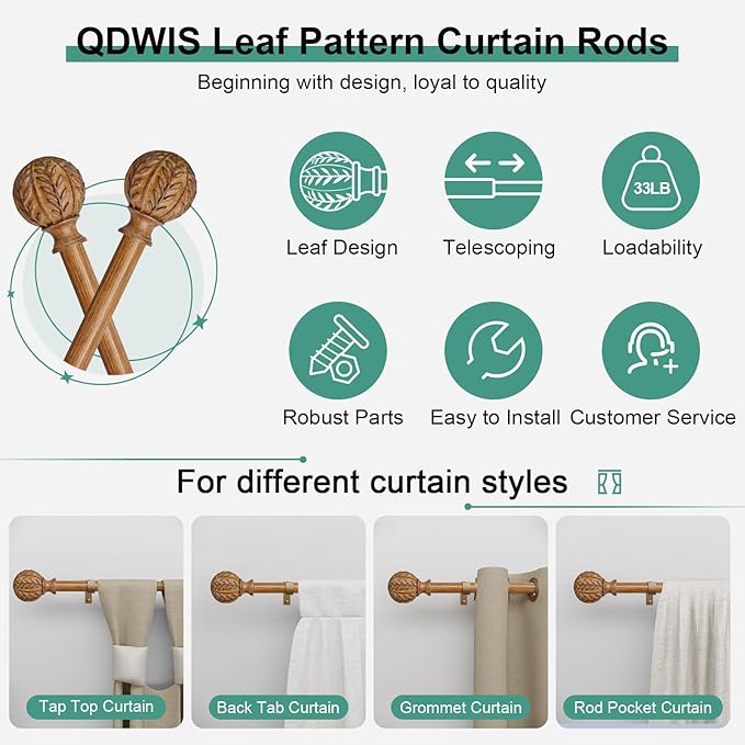 QDWIS Boho Wood Curtain Rods for Windows 72 to 144 inch, Rustic Decorative - Image 6