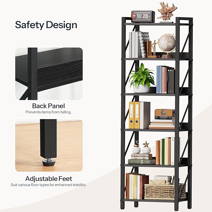 HOOBRO Bookshelf, 6-Tier Industrial Bookcase, Book Shelf Storage Organizer - Image 6