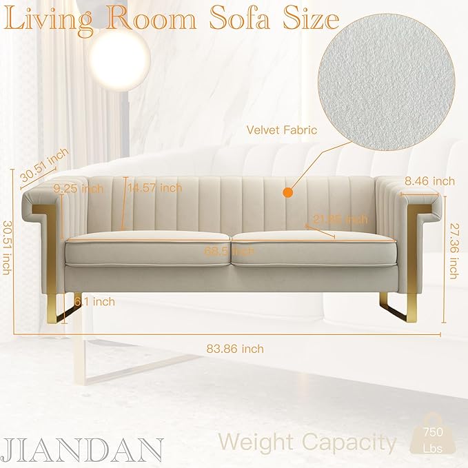 Mid-Century Modern Beige Velvet Sofa - Image 2