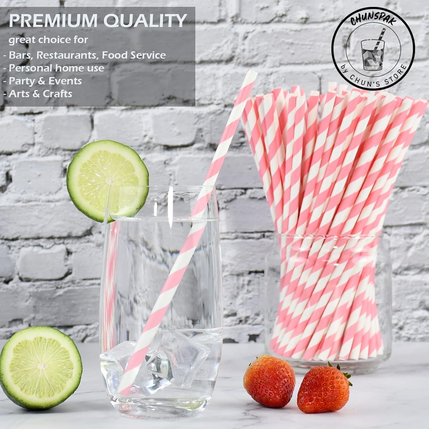 [1000 Count] Chunspak Pink and White Striped Paper Drinking Straws Bulk, 7.75" x0.24", Unwrapped - Biodegradable and Compostable