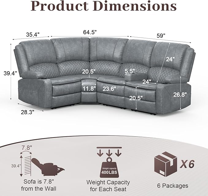 Yolsali Manual Reclining Sectional Sofa Set, 4 Seats Soft Leather Recliner - Image 2