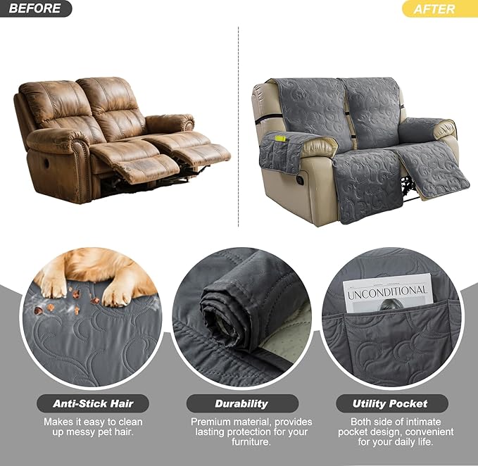 100% Waterproof Loveseat Recliner Cover, 4-Piece Split Reclining Couch Covers - Image 4