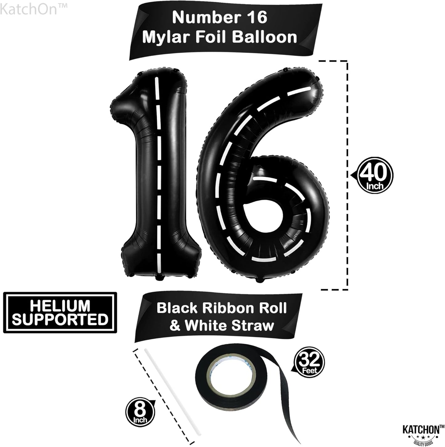 KatchOn, Giant Black 16th Birthday Balloons - 40 Inch | 16 Balloon Numbers, 16th Birthday Decorations for Boys | 16 Year Old Boy Birthday Decorations | Number 16 Balloon, Anniversary Decoration