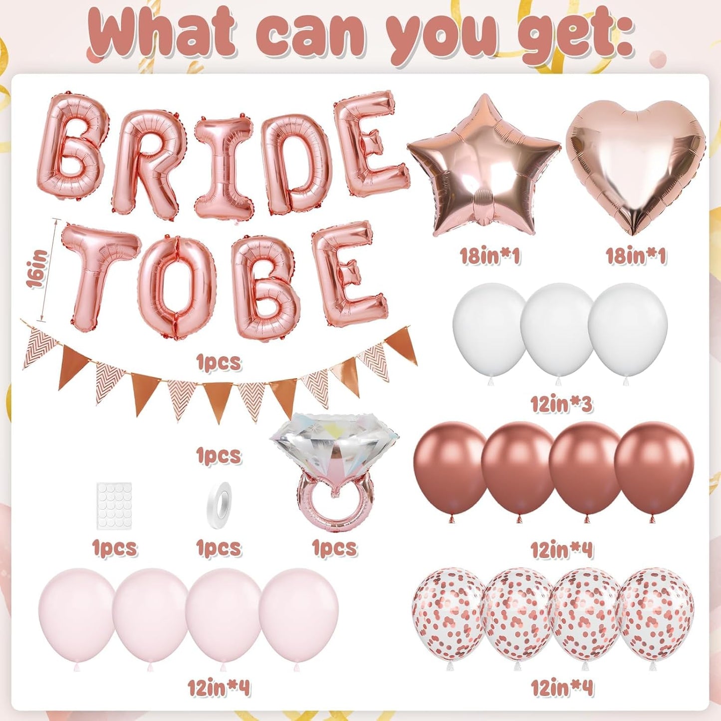 Rose Gold Bachelorette Party Decorations, Bride To Be Bridal Shower Balloons Decorations, Pink White Rose Gold Confetti Balloons and Diamond Ring Star Heart Balloon for Bachelorette Engagement Wedding