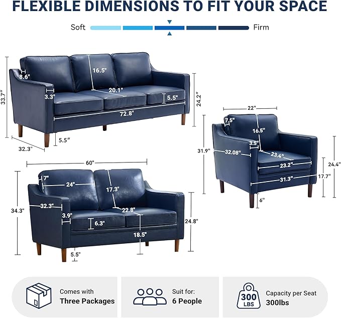 Kingfun Living Room Furniture Sets, 3 Seater Couch, Armchair and Loveseat - Image 2