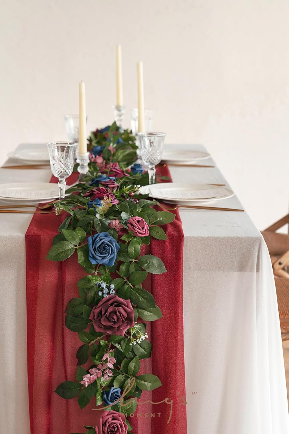 Ling's moment 5FT Burgundy Artificial Flower Garland Navy Blue Floral Arch Table Centerpiece Rose & Leaves for Wedding Parties & Home Decor