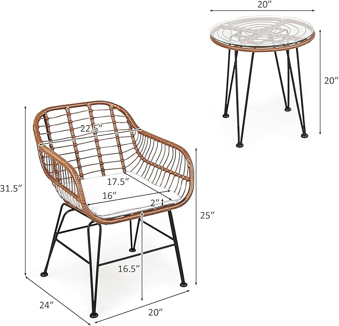 Tangkula 3 Pieces Patio Conversation Bistro Set, Outdoor Wicker Furniture - Image 5