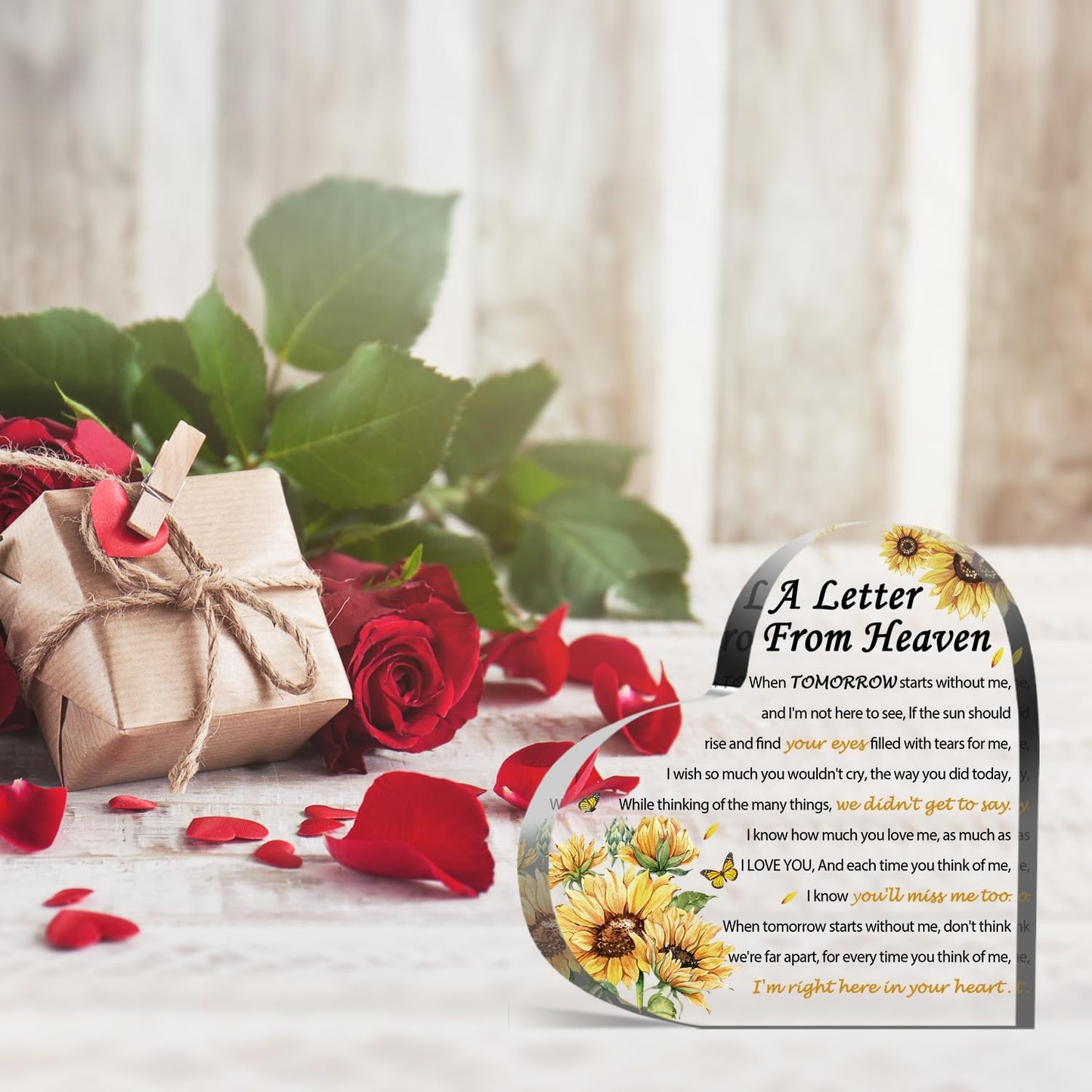 Sympathy Gifts - A Letter from Heaven- Memorial Gift for Loss of Mother Father Husband Son, Acrylic Heart Keepsake,Remembrance Sympathy Gifts （Sunflower）