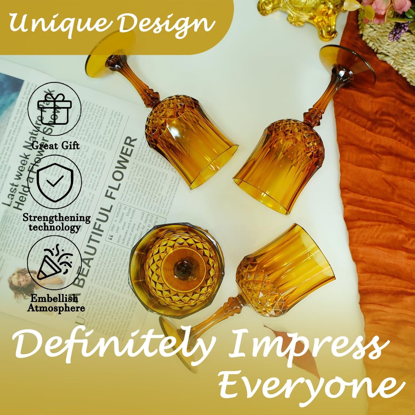 Plastic Wine Glasses，Plastic Goblets Vintage Style Cordial Drinking Glasses for Wedding Reception, Grand Event Party Supplies (48, Amber)