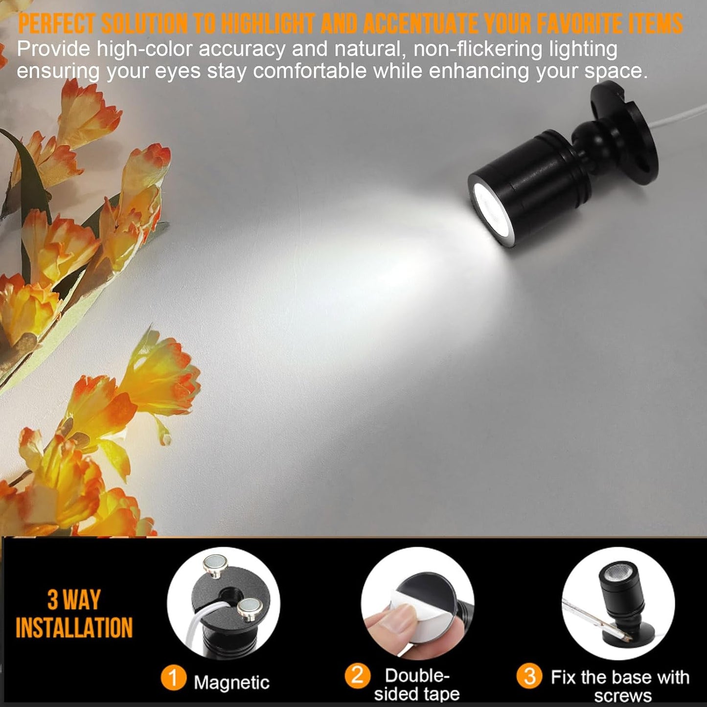 Taysing LED Spot Light Indoor Little Mini Spotlight Accent Lights for Display,Paintings,Pictures,Plants,Jewelry,Shelves, Cabinets,Posters,Showcase(ColdWhite 6 Pack Dimming&Timing)