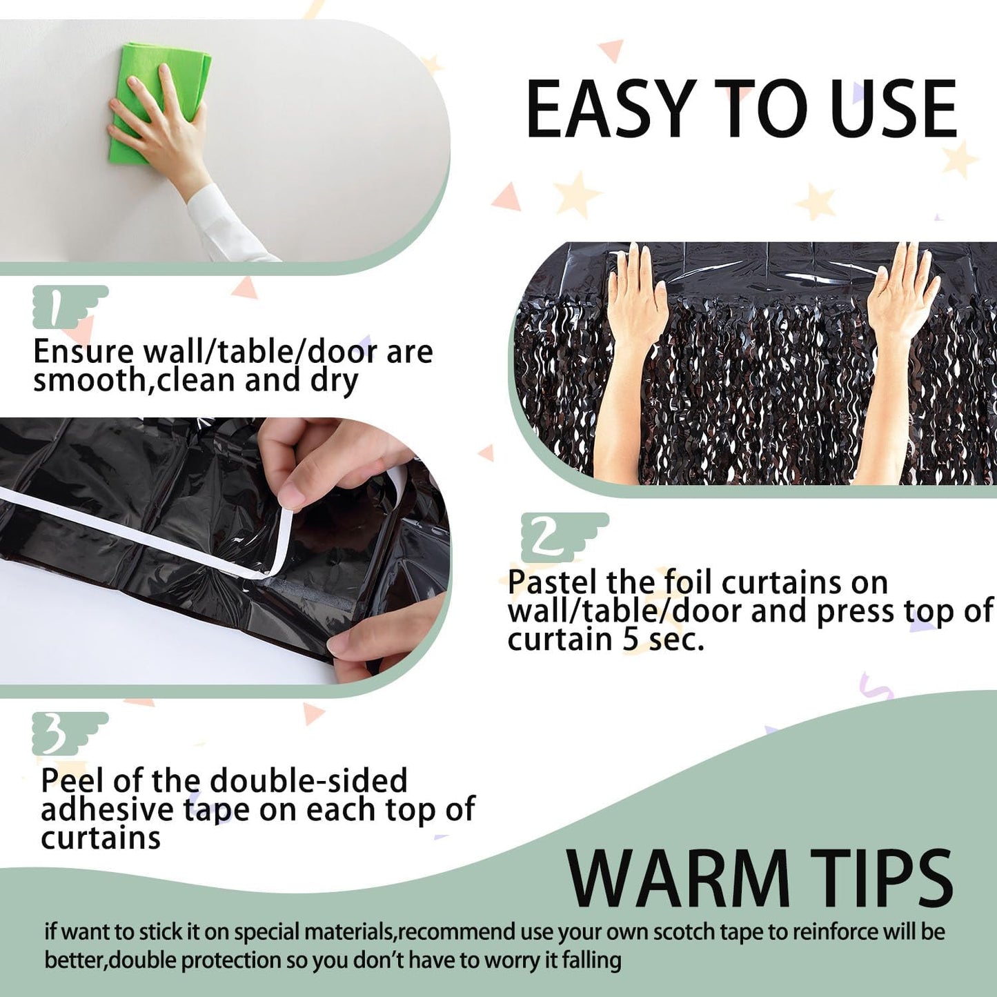 3 Pack New Years Decorations Wavy Black Tinsel Foil Fringe Curtains Party Backdrop 3.3 x 6.6 ft Streamer Backdrop Tinsel Curtains for Birthday, Graduation, Fiesta, Halloween Party Decor