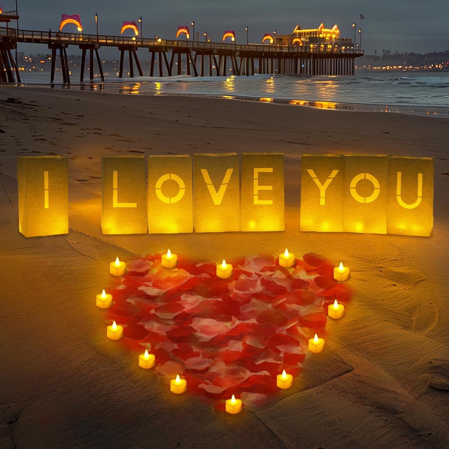 Homemory I Love You Light Up Letters Proposal Decorations with Flameless Candles and Fake Rose Petals, Valentine's Day Luminary Bags Romantic Decorations Special Night for Wedding Anniversary