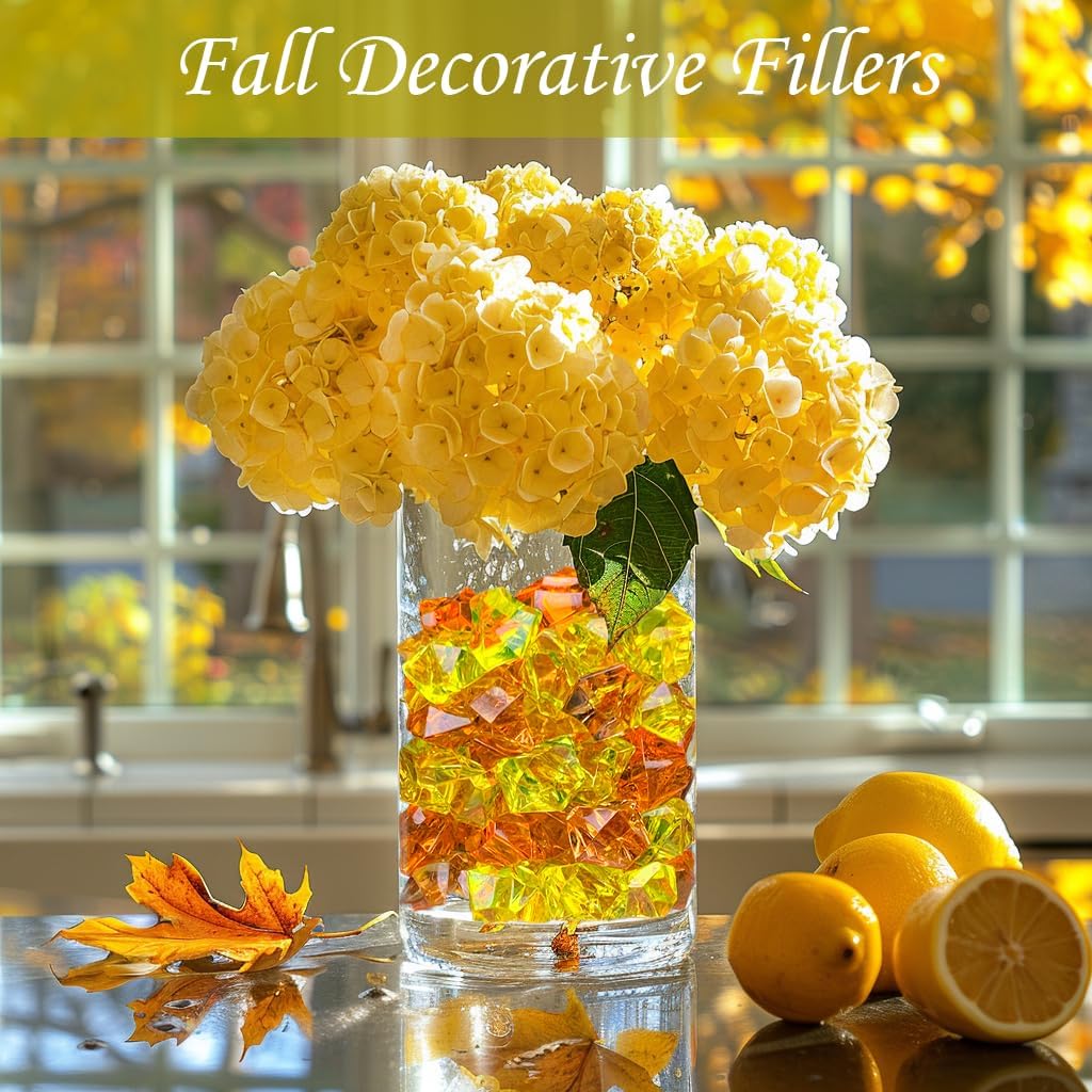 HappyFiller Fall Decor Fake Ice Rocks Cubes Acrylic Gems Stones for Vase Fillers,Kitchen Dinning Room Table Scatters,Crafts,Home Centerpieces,Candle Holder,Mix Yellow Amber Orange,14 OZ