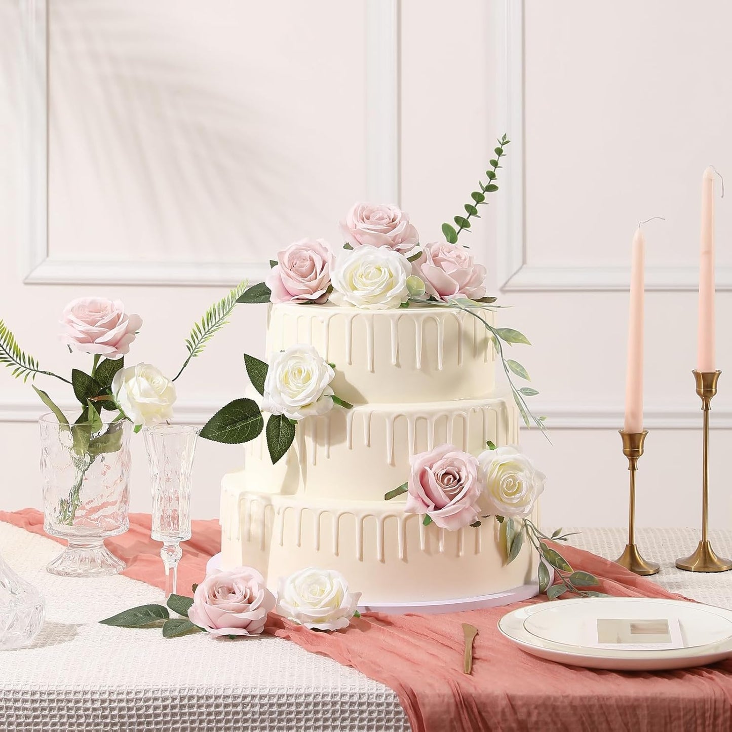 Tifuly Champagne Pink Roses Artificial Flowers - 12 Pcs Long Stem Silk Roses, Realistic Fake Roses with Stems for Bridal Bouquets, Home and Office DIY Decor