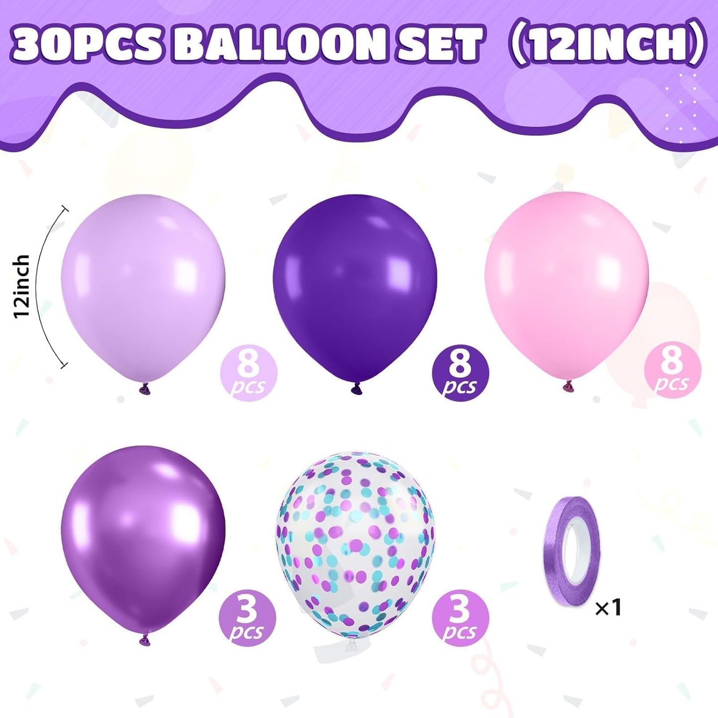 Pink and Purple Balloons, Pink Lavender Dark Purple Metallic Confetti Latex Balloons for Girls Women Birthday Party Baby Shower Bridal Shower Wedding Decorations