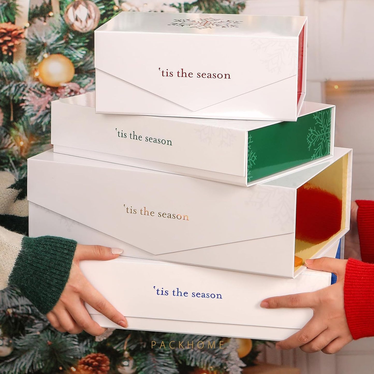 PACKHOME 6 Christmas Gift Boxes 13x9.7x3.4 Inches, Large Gift Boxes with Lids, Sturdy Shirt Boxes with Magnetic Lids for Wrapping Gifts (Green Snowflake Pattern)