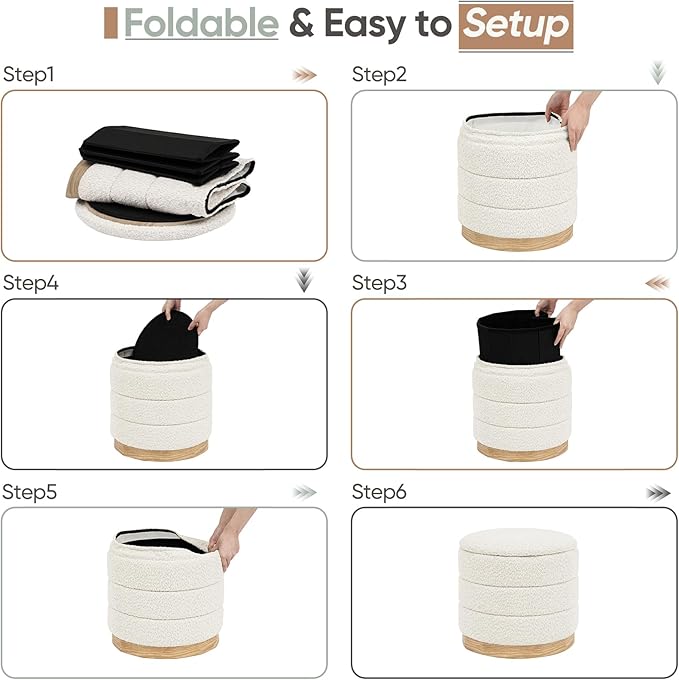 Round Storage Ottoman with Reversible Tray Lid, Folding Chenille Fabric - Image 7