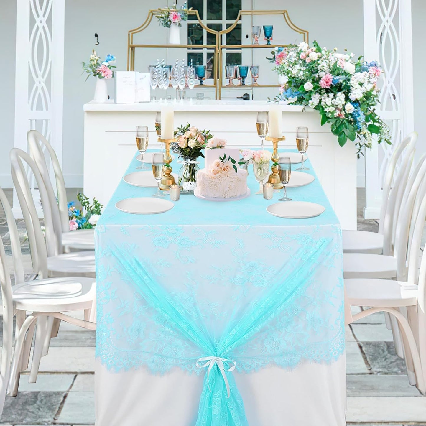 LuoluoHouse Lace Tablecloth Rustic Table Fabric Blue 60x120 Inch for Boho Wedding Bridal Shower Party Decoration Rectangle Overlay Long Vintage Embroidered Reception Table Cloth Decor