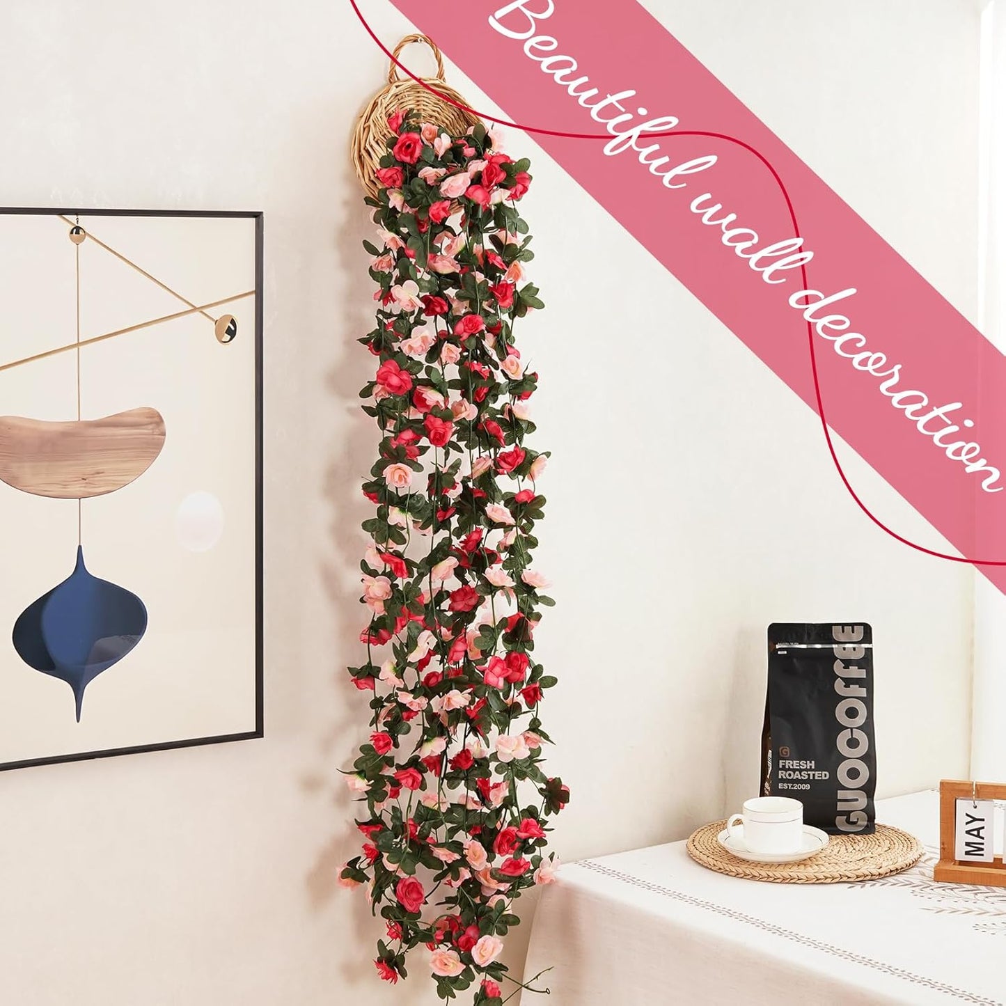 8 Pcs 65.6 Ft Flower Garland Rose Vines, Pink Rose Garland for Decoration, Flower Vine for Room Table Birthday Wedding Party Garden Wall Decor