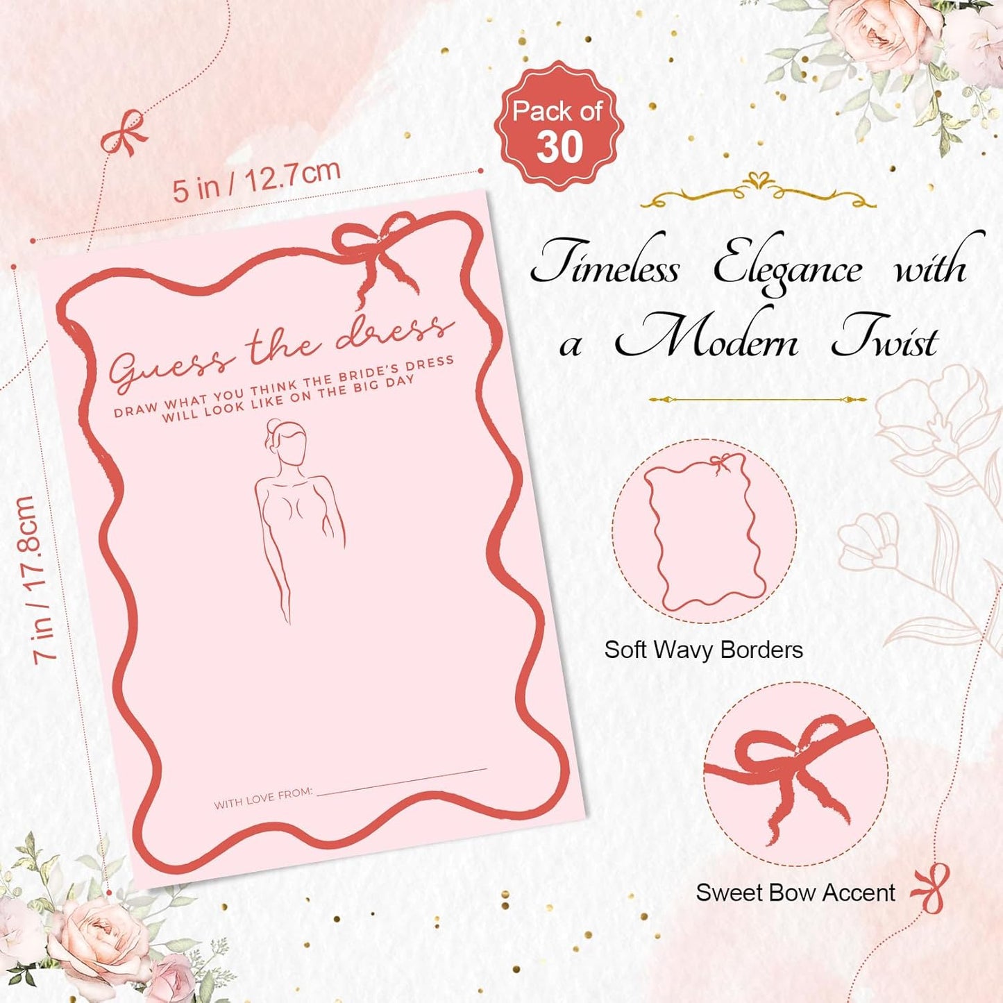 DEEKA 30 PCS Bridal Shower Games Card for 30 Guests Pink Wavy Border Ribbon Bow Funny Wedding Bachelorette Party Games for Reception (Guess The Dress)