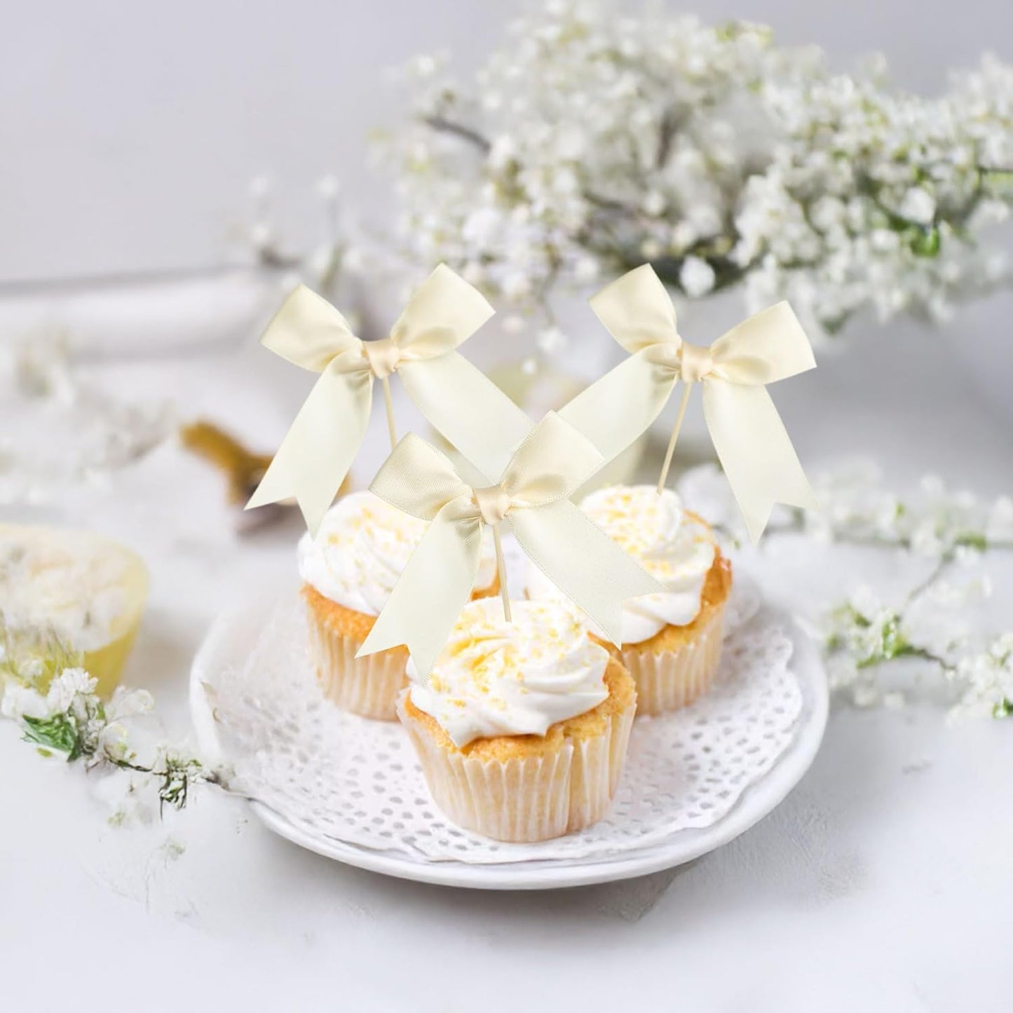 Gyufise 24Pcs Bow Cupcake Toppers Coquette Bow Girls Birthday Cake Decorations Bowknot Cake Toppers Bowknot Cupcake Picks for Baby Shower Birthday Wedding Bridal Engagement Party Supplies Beige