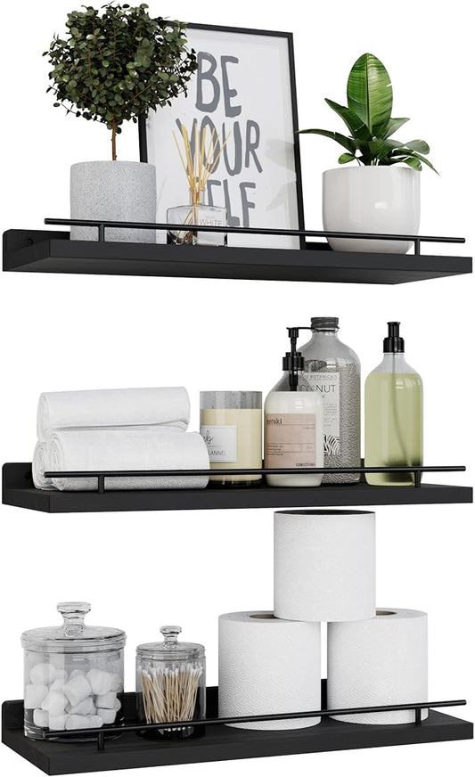 WOPITUES Floating Shelves with Black Metal Guardrail, Shelves by WOPITUESOfficial