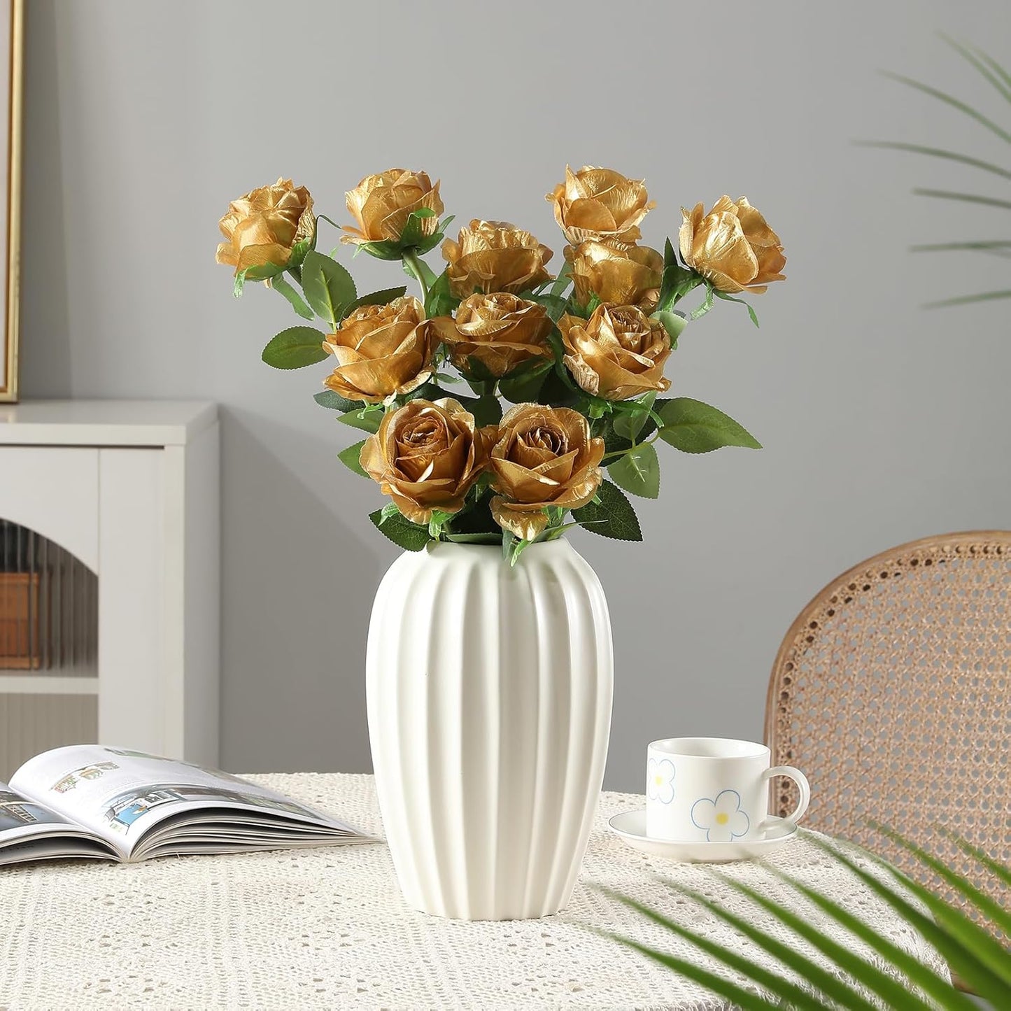 Tifuly Gold Roses Artificial Flowers -12Pcs Realistic Single Long Stem Fake Silk Roses Bouquet for Party Home Wedding Centerpiece Hotel Office Decor