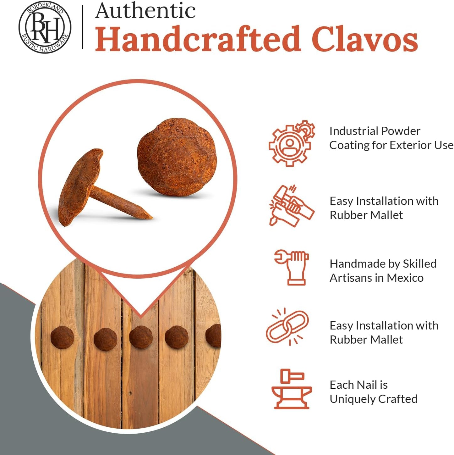 50 Pack 0.75" Round Head Iron Clavos Decorative Nails – Rusted – Handmade Rustic Round Fasteners for Farmhouse Shutters, Faux Wood Beams, Barn Doors, Shutters, Gates – Ornamental Wood Accent