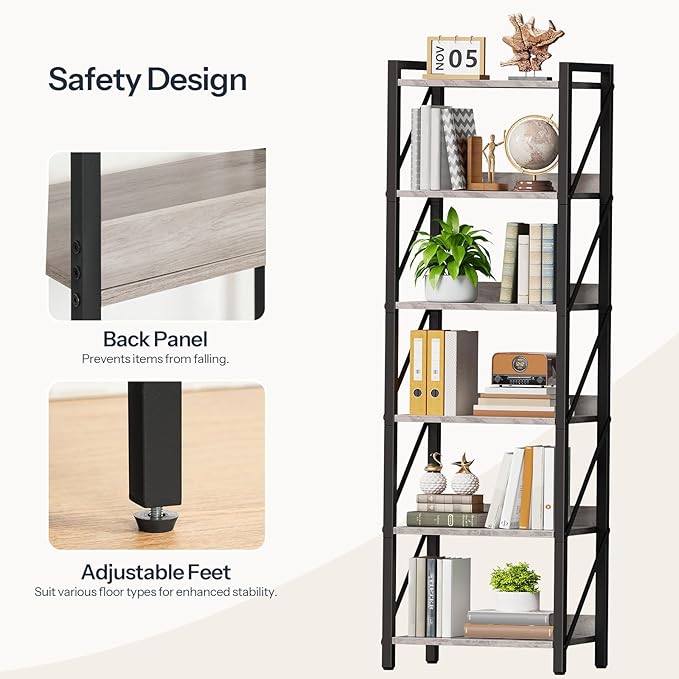 HOOBRO Bookshelf, 6-Tier Industrial Bookcase, Book Shelf Storage Organizer - Image 6