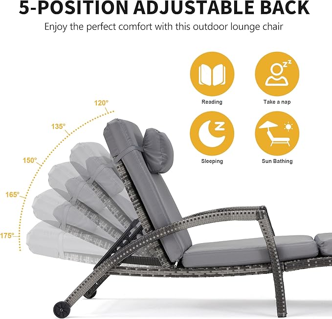 HOMREST Chaise Lounge Chairs Set of 2, PE Rattan Wicker Patio Lounge Chair - Image 5