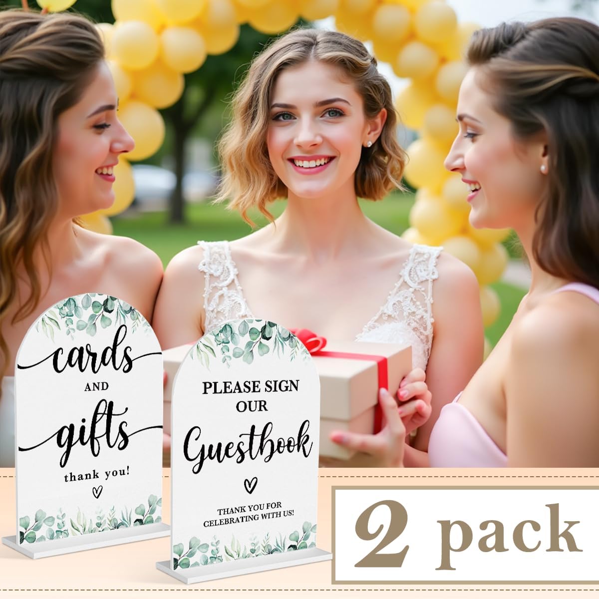 2 Pcs Acrylic Wedding Signs for Reception, Bridal Shower Decorations, Cards and Gifts Signs, Guest Book Sign, Arch Acrylic Table Top Sign with Holder for Wedding Reception (White Eucalyptus Leaves)