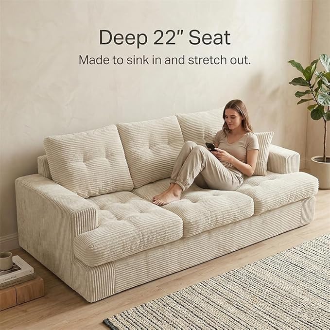85" Corduroy 3 Seater Sofa in a Box, High-Density Foam Couch, No Assembly - Image 4