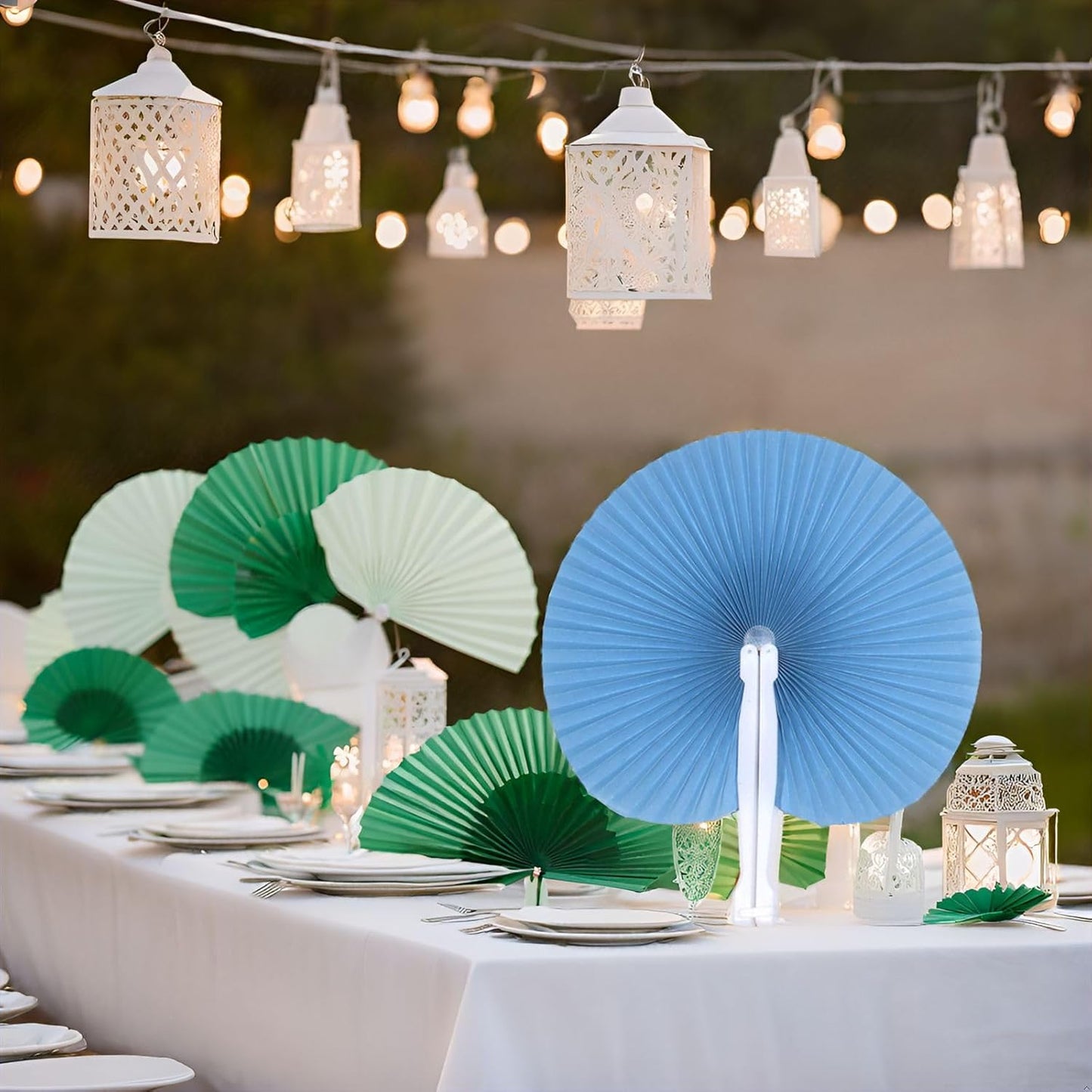 12 Packs Decorative Paper Folding Hand Fans Handheld,Blue Round Foldable Wedding Fans Chinese and Japanese Fans Bulk for Bridal Guest Church Party Favors Dancing Birthday DIY