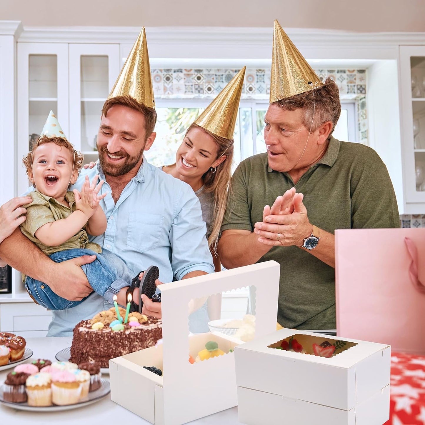 36 Pack Cupcake Boxes Hold 6 Count Disposable Cupcake Containers with Window and Cake Carrier with Thanks Card and Jute Rope to Muffins Cupcakes Cookies Gift Wrapping(White)