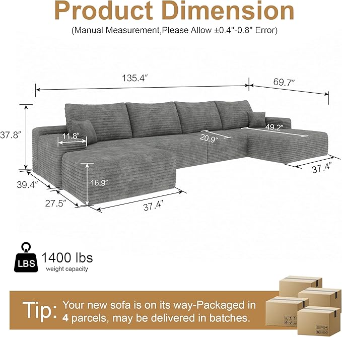 136" Sectional Couches for Living Room Cloud Couch Sofa - Image 2