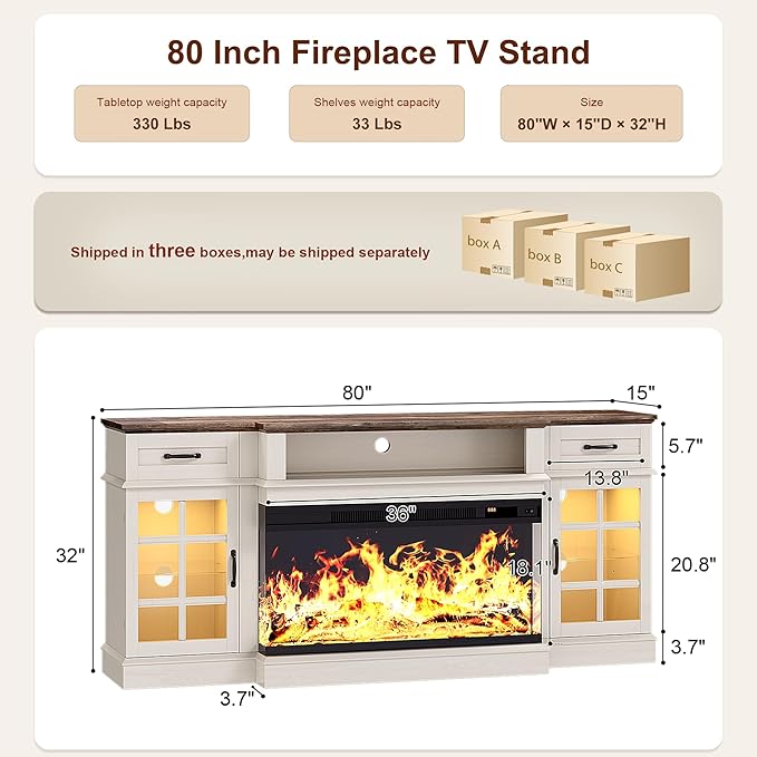 MXV 80" Fireplace TV Stand, 3-Sided Glass Fireplace and Modern Entertainment - Image 2