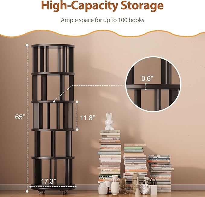 Muwuele Solid Wood Rotating Bookshelf on Wheels, 5 Tier, Round Revolving - Image 2