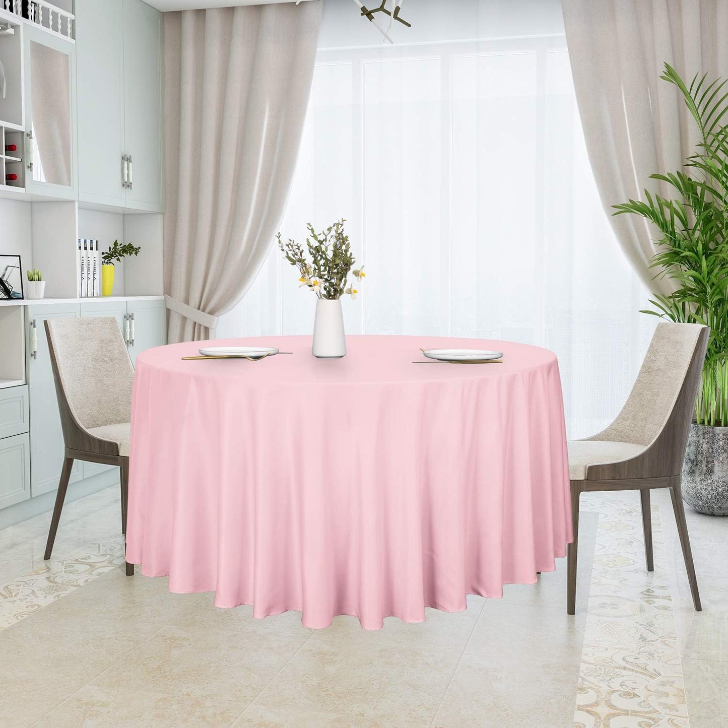 sancua Round Tablecloth - 108 Inch - Water Resistant Spill Proof Washable Polyester Table Cloth Decorative Fabric Table Cover for Dining Tables, Buffet Parties and Camping, Pink