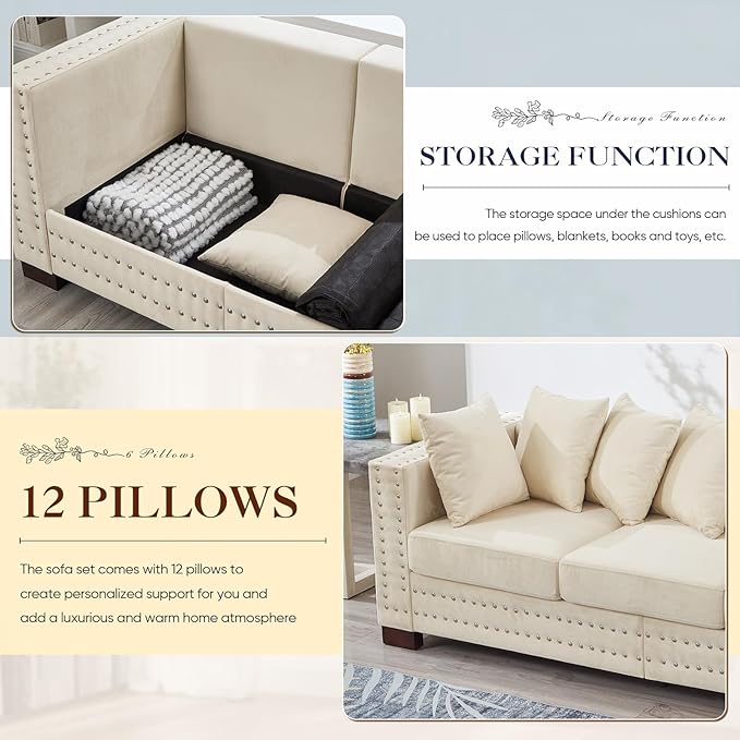 2 Piece Velvet Couch and Loveseat Sets, Mid Century Modern Couch - Image 5
