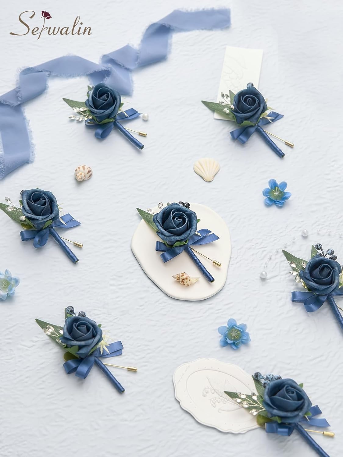 Serwalin 10Pcs Boutonniere for Men, Blue Groom and Best Man Boutonniere, Artificial Flowers for Wedding Decor Prom Homecoming Ceremony Anniversary Formal Dinner Party